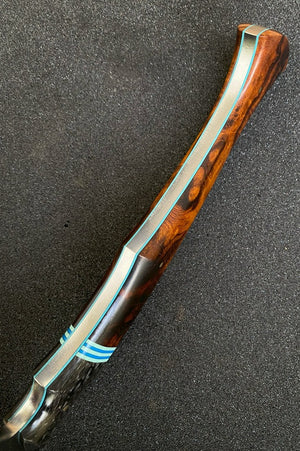 Blacktip Tomahawk | Desert Ironwood Burl | Carbon Fiber | G10 Split | Blue G10 Liners | Bronze Pins | Seafoam Spine