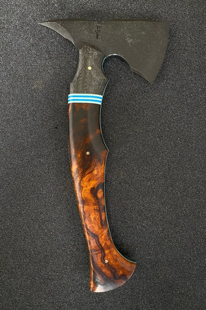 Blacktip Tomahawk | Desert Ironwood Burl | Carbon Fiber | G10 Split | Blue G10 Liners | Bronze Pins | Seafoam Spine