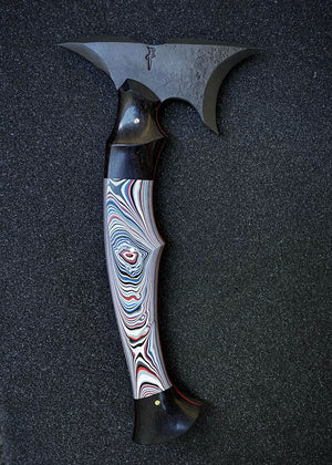 Blacktip Tomahawk Scythe Variant | Fordite | African Blackwood | Red G-10 Liners | Bronze Pins | Seafoam Spine