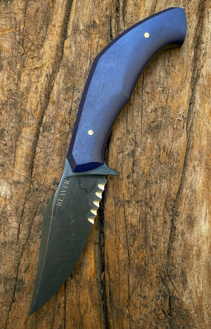Reaver Custom | Serrated | Exposed Grain Blue Richlite | Bronze Pins