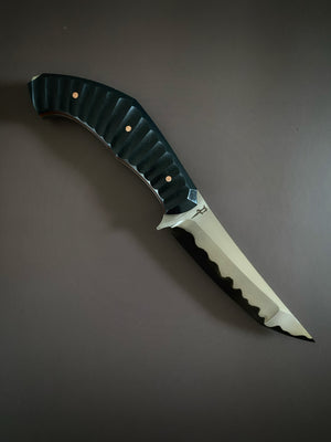 Tanto Custom | In-House forged San Mai | Scalloped Forrest Green Glass Composite | Natural Linen Micarta | Copper Pins