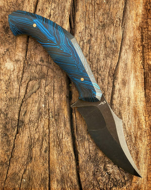 War Pig Custom | Black and Blue Damascus G-10 | Bronze Pins | Acid Stonewash Spine