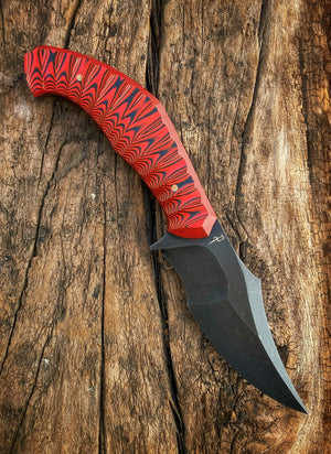 War Pig Custom | Scalloped Exposed Grain Black and Red G-10 | Bronze Pins | Acid Stonewash